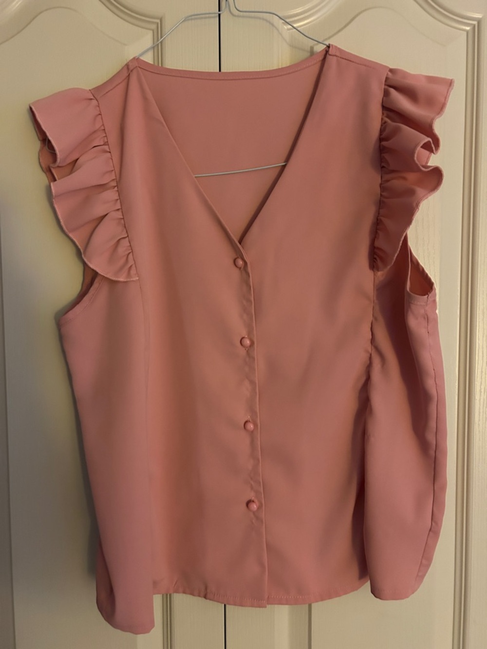 Womens Pink Ruffle Sleeve V-Neck Button Front Top